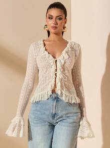 SHEIN BAE Áo cánh ren đơn giản buộc dây tay dài viền bèo nhún màu mơ gợi cảm ngọt ngào cho nữ, thích hợp cho mùa xuân, mùa hè, ngày lễ tình nhân, tiệc tùng, hẹn hò, phù dâu, đi làm hàng ngày, sinh nhật - Màu be - Xem 3