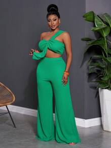 Slaydiva Spring & Summer Elegant Sexy Vacation Set: Fitted Solid Green Sleeveless Knotted Crop Top And Extra Long Wide Leg Pants, Translucent Knitted Fabric, 2pcs Plus Size Women Outfit - Z - Green - View 6