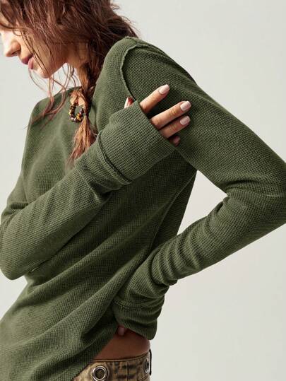 Bohemela 1pc Women Casual Solid Color Knit Crew Neck Long Sleeve Fitted T-Shirt