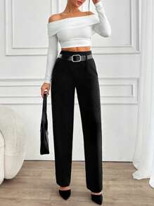 EURMUSE Women Solid Color High Waist Straight Pants With Belt - Black - View 4