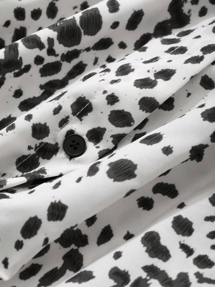 Leopard Spot Design Casual Loose Turndown Collar Blouse For Women,Fall Clothes Long Sleeve Top