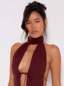 MUSERA Halter Neck Tie Front Backless Solid Top Party Birthday Ibiza Western Festival Rave Night Out Going Out Tops Club Fall Winter Summer Spring - Burgundy - View 5