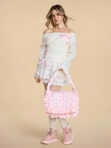 ROMWE Kawaii 1 pieza Bolso de mano grande con volantes y lazo rosa, adecuado para una cita del Día de San Valentín