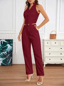 Chiquease 女士无袖西装背心和裤子两件套，休闲秋季服装 - 紅色 - 查看 4