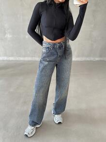 EURMUSE LOW WAIST LOOSE WIDE LEG PANT STYLE FAHION DAILY CASUAL - Medium Wash - View 5