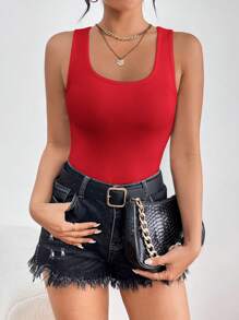 SHEIN PETITE Women's Solid Color Square Neck Casual Bodysuit