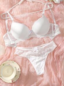 SHEIN 女士蕾丝内衣文胸和内裤套装（带钢圈） - 白色 - 查看 1