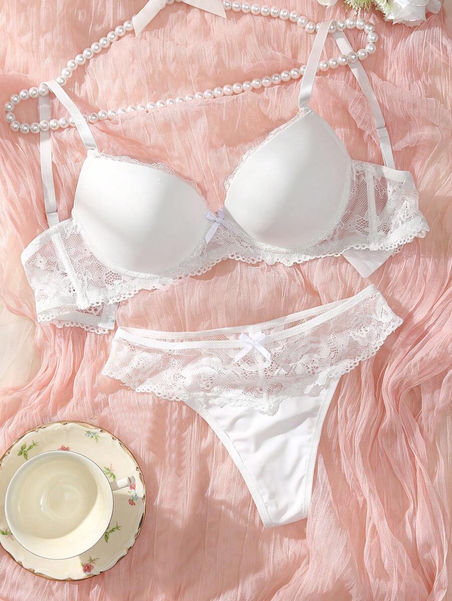 SHEIN 女士蕾丝内衣文胸和内裤套装(带钢圈) - 白色 - 查看 1