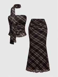 ROMWE Grunge Punk Y2K Retro Plaid Scarf Bustier Top And Plaid Low Waist Fishtail Skirt 2 Pieces Set - Brown - View 1