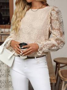 SHEIN Clasi Chemise femme à manches longues en dentelle fleur tridimensionnelle et feuille de lotus, de couleur abricot, élégante pour l'hiver