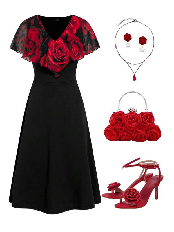 Ellevyn Rochie de damă, elegantă, cu imprimeu floral, trandafiri, linie A, cu volane, perfectă pentru petrecerea de Ziua Îndrăgostiților, întâlnire, ieșire ocazională
