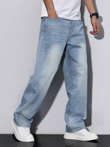 Manfinity Homme Men's Loose Fit Straight Leg Casual Jeans With Pockets - Light Wash - View 6