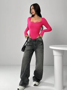 SHEIN EZwear Women's Solid Color Long Sleeve Elegant Lace Patchwork Bodysuit - Hot Pink - View 4