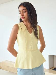 MOTF STUDIO CONTRAST LACE INSERT SLEEVELESS PEPLUM BLOUSE - Yellow - View 3