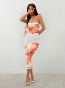 SHEIN PETITE 女士浪漫约会露肩印花紧身连衣裙