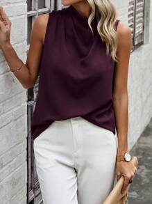 SHEIN Clasi قميص كاجوال بياقة عالية مجعد بدون أكمام لون سادة