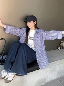 DAZY 女士格子休闲长袖纽扣前开襟简约衬衫夏季、秋季服装、法兰绒女装 - 藍色 - 查看 6