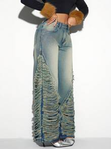 SHEIN ICON Women's Retro Washed Distressed Straight Leg Jeans - Blue - View 3