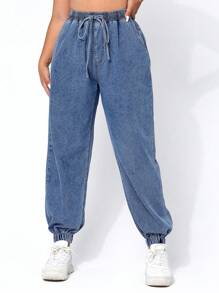 SHEIN EZwear Quần Jeans Ống côn Cỡ Lớn Thường Ngày Có Dây Rút Cạp Giặt Thông Thường - Rửa trung bình - Xem 1