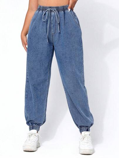 SHEIN EZwear Plus Size Casual Washed Drawstring Waist Tapered Leg Jeans