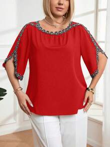 Plus Size Summer Contrast Trim Casual Top, For Everyday Wear - Redwood - View 5