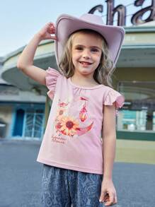 Wildeya Camiseta con estampado floral y lunar, y mangas con volantes para niñas jóvenes, color rosa, dulce y bonita, adecuada para actividades diarias, salidas y eventos sociales, colección de primavera/verano para el Ramadán