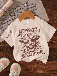 SHEIN 1pc Girls Casual Western Vintage Letter Graphic Print Round Neck Short Sleeve T-Shirt, Family Matching Outfits Mommy And Me (3 Pieces Sold Separately) - Beige - View 3