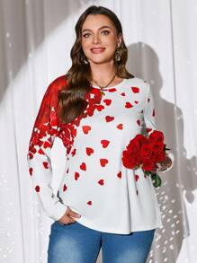 EMERY ROSE Plus Size Women Heart Print Round Neck Long Sleeve Casual T-Shirt,Valentine's Day,Heart,Spring/Summer
