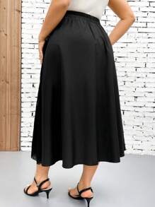 SHEIN Clasi 大码女式优雅休闲混合面料拼布百褶裙 - 黑色 - 查看 2