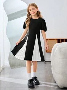 Vestido modesto sin mangas de niña preadolescente con bloqueo de color y parches elegantes