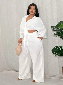 Slaydiva Bộ đồ thể thao nữ cỡ lớn kiểu mới, thoải mái, gợi cảm/tối giản gồm áo sơ mi tay lỡ 3/4 thắt nơ và quần ống đứng, phù hợp cho mùa xuân hè và các kỳ nghỉ. - trắng - Xem 7
