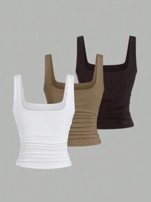 Sweetra Women's Solid Color Wide Strap Casual Slim Fit Tank Top - Multicolor - View 2