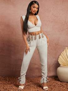 SHEIN SXY Spring/Summer Date Valentine's Day Elegant Holiday Apricot Woven Imitation Linen Fringe Hem Short Sleeveless Vest Top And Elastic Waist Low Waist Long Pants With Straps