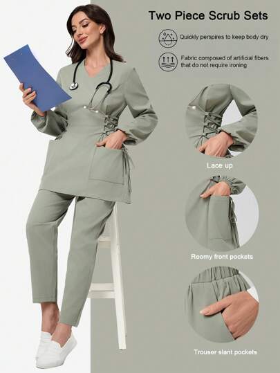 Scrubzie 2pcs Anti-Wrinkle Long Sleeve Shirt And Pants Scrub Uniform Set