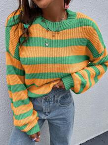 SHEIN PETITE Women's Casual Color Contrast Striped Round Neck Oversized Dropped Shoulder Long Sleeve Knit Sweater, Loose And Versatile For Autumn/Winter