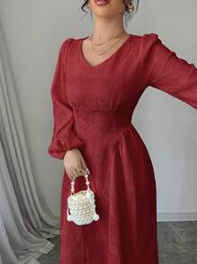 Modelyn Women's Solid Color V-Neck Long Sleeve Casual Long Dress