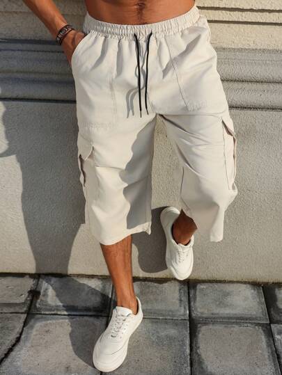 Manfinity Homme Pantalones cargo capri de hombre con cintura con cordón y unicolor