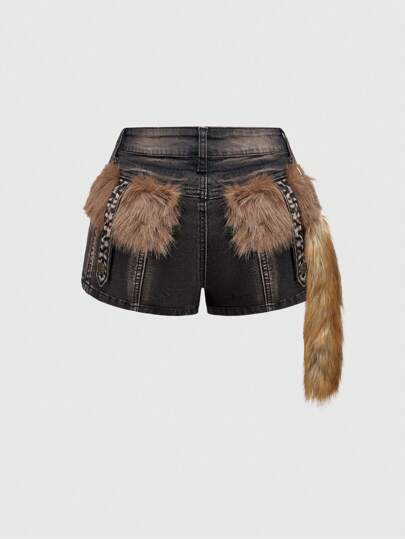 Grunge Punk Y2K Gyaru Harajuku Style Pocket Patchwork Fuzzy Tail Decor Washed Denim Micro Mini Shorts