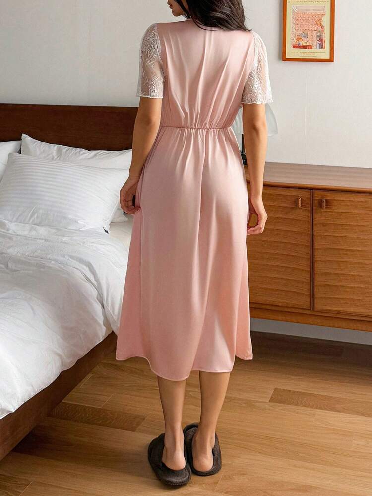 Satin Contrast Color Lace Patchwork V-Neck Waisted Nightgown Pajama