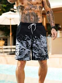Manfinity Swimmode Men's Casual Cat Print Drawstring Waist Beach Shorts, Summer
