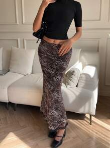 SHEIN EZwear Jupe crayon à imprimé léopard pour femmes, design minimaliste ajusté, décontracté et pour les vacances - Multicolore - Voir 4