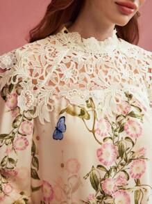 MOTF PREMIUM BLOUSE IMPRIMÉ FLORAL EN DENTELLE CONTRASTÉE - Multicolore - Voir 2