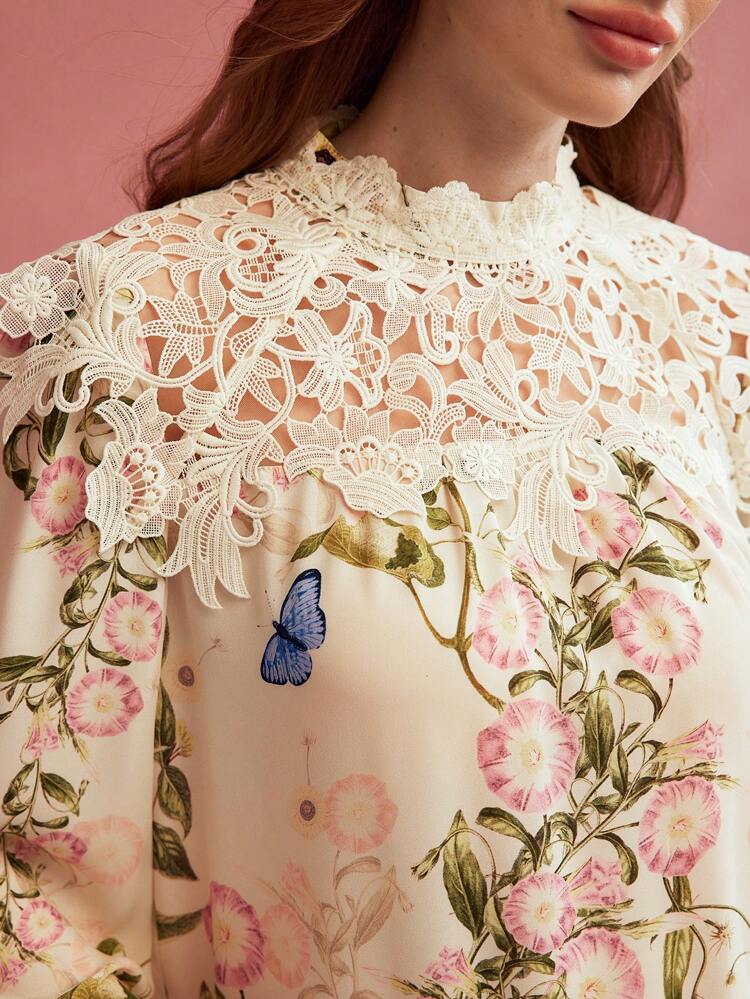 CONTRAST LACE FLORAL PRINT BLOUSE,SPRING/SUMMER