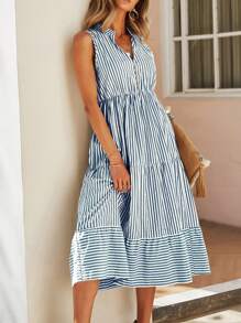 Breezaya Women's Front Button Sleeveless Striped Ruched Casual Midi Dress