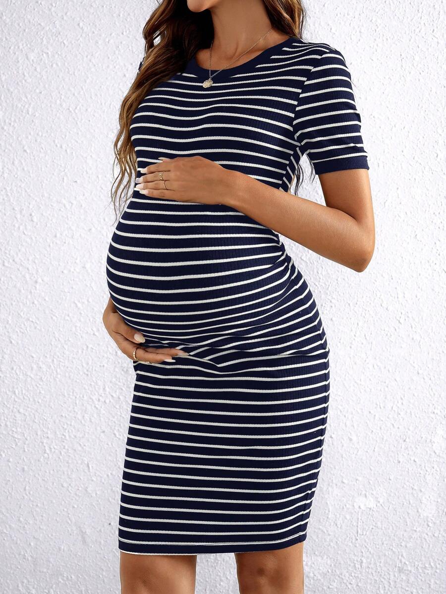 SHEIN 孕妇圆领短袖条纹简约修身短蓝色连衣裙 - 寶藍色 - 查看 1