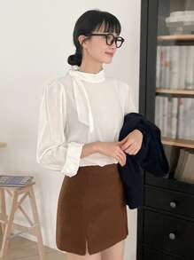 DAZY Elegant Solid Color Women Shirt With Scarf Collar Long Sleeve Top - White - View 7