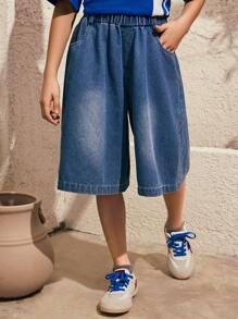SHEIN Um short jeans para meninos pré-adolescentes em estilo casual urbano, confortável e versátil, short jeans macio para primavera e verão, short jeans folgado para meninos, adequado para várias ocasiões, como atividades urbanas ao ar livre, esportes, lazer em casa, escola e reuniões. - Azul - Ver 4