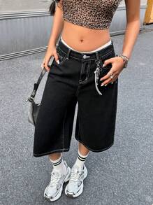 SHEIN Teen Girl Y2K Contrast Line Black Loose Fit Denim Pants,Kid Girls Spring And Summer Casual Vacation Country Boho Wear, Beach Outfits For Kid Girls,Western Street Wear For Girl , Spring Break Rave Outfits Festival Outfits - Black - View 3