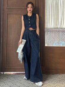 DAZY 女士西式牛仔套装 - 水洗铆钉牛仔背心和阔腿牛仔裤套装 - 深色水洗藍 - 查看 8