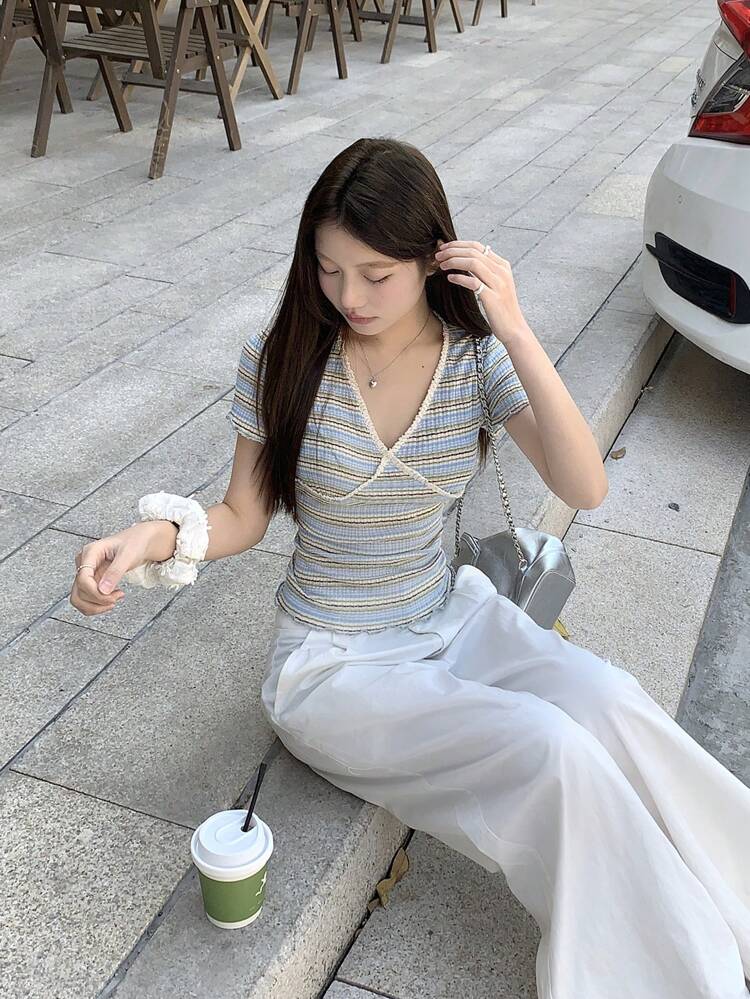 Women's V-Neck Lace Patchwork Striped Casual T-Shirt Summer Cute Tops Preppy Tops